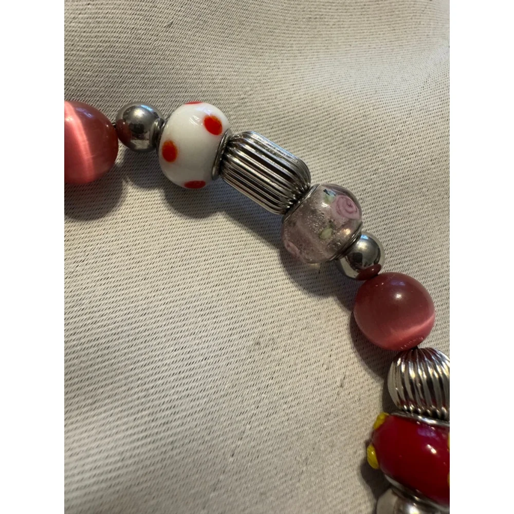 Boho Maximalist Bead Stretch Bracelet Pink Red Lampwork Cat's Eye Whimsy Y2K